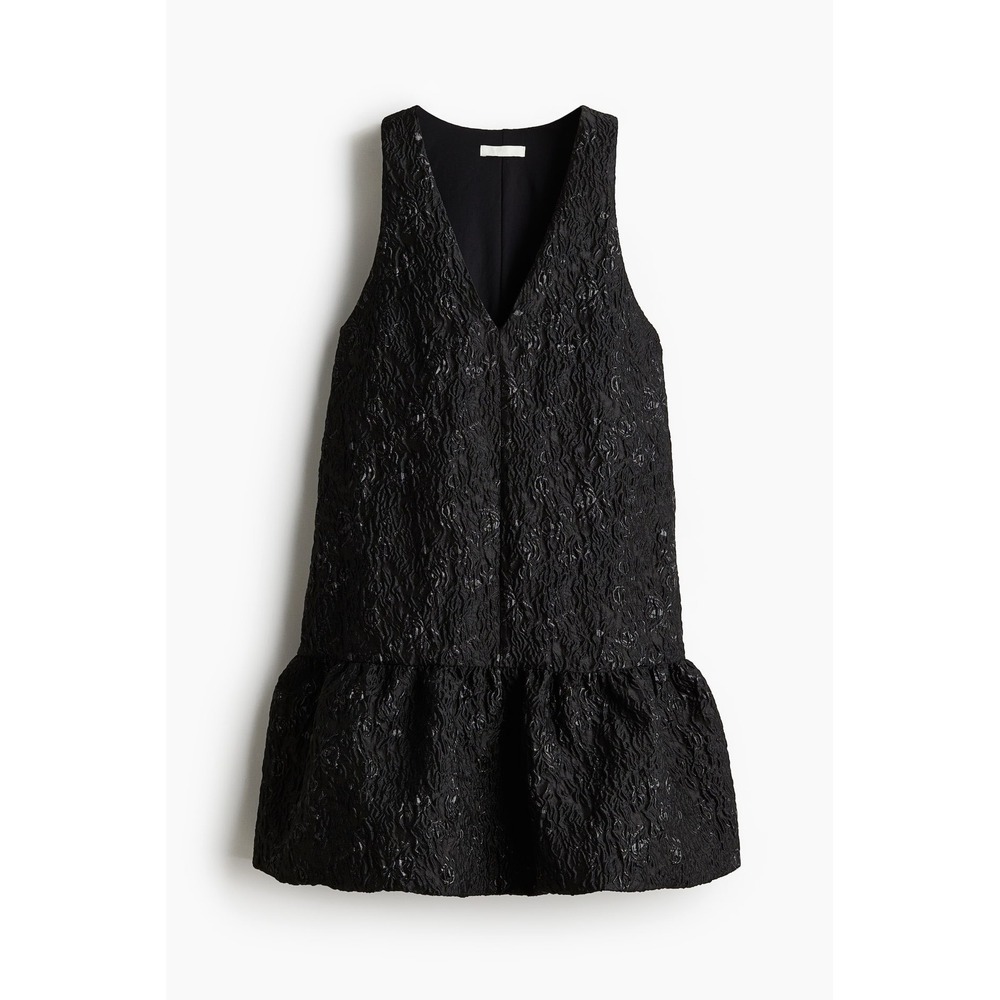 HM Black Jacquard Weave Bubble Hem V-Neck Sleeveless Dress Small NWT
